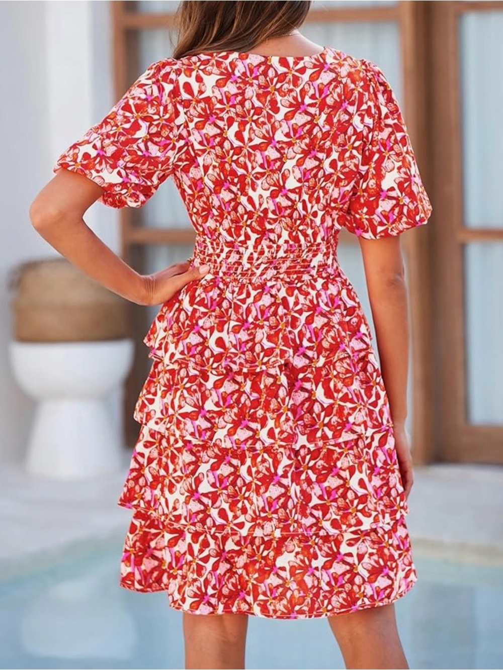 Floral V-Neck Ruffle Tiered Dress in Red - Picture 8 of 12